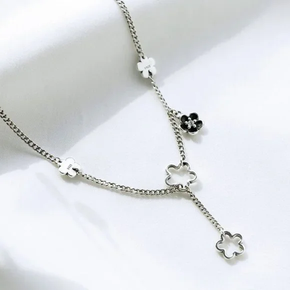 #NEW 925 Sterling Silver Flower Drop Link Chain Necklace - Picture 4 of 4